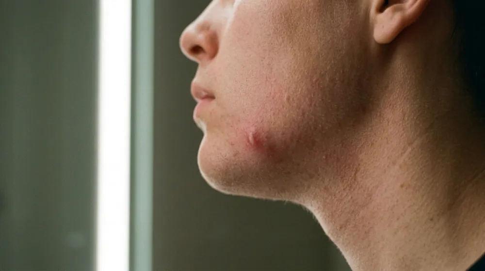 A face in close profile with a single red lump on the jawline, a bright vertical strip light beside a mirror at the left of the frame.