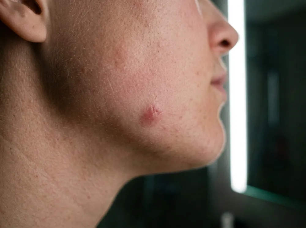 A close side view of a jaw with a single red raised lump and flushed skin around it, lit from one side by a neutral white strip light beside a mirror.