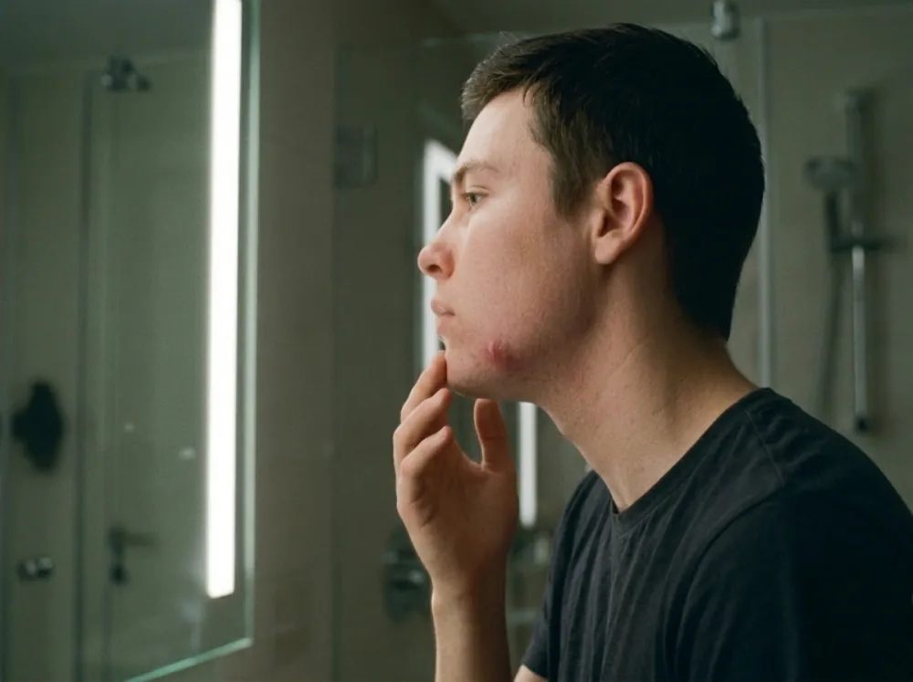 A person in profile at a bathroom mirror with one hand raised near the chin, a red lump on the jaw, lit by a vertical strip light beside the mirror.