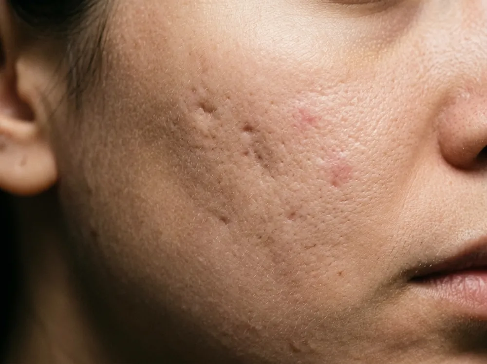 A cheek with a few healed shallow pitted marks and faint pink marks, pores and fine hairs visible, lit from one side.