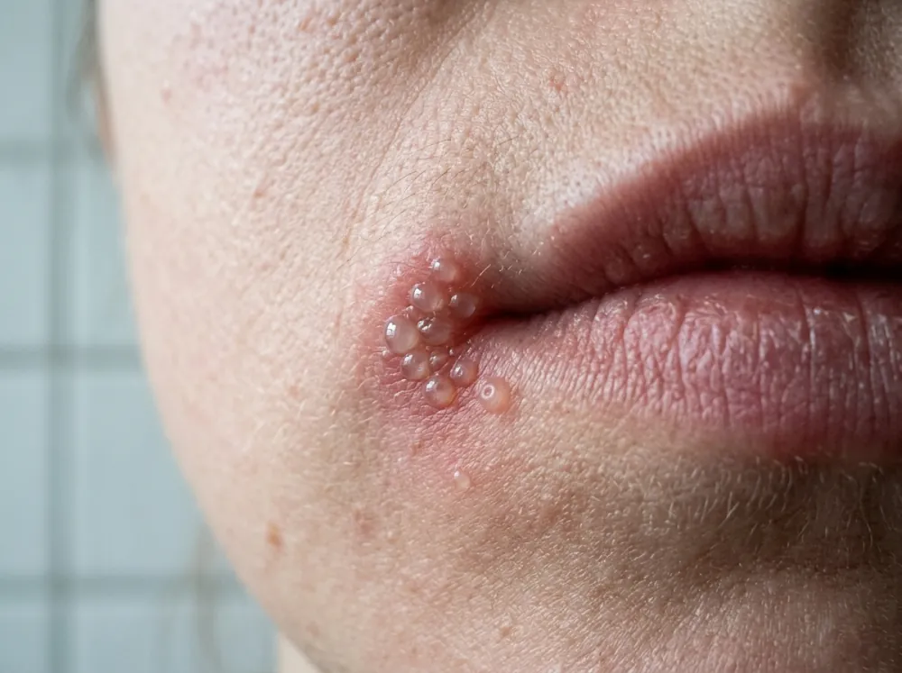 Close view of the skin at the corner of a lip, a cluster of tiny clear fluid-filled blisters on a red patch, each with a small glossy highlight.