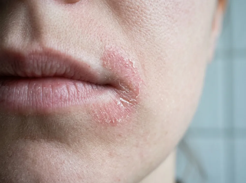 The corner of a woman's mouth, a band of flaking pink patches wrapping around the corner with fine scale at the edges and unaffected skin along the lip border.