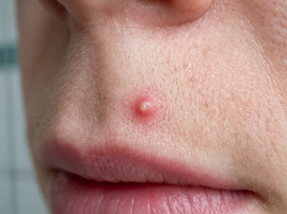 A single red raised bump with a small pale tip on the skin above an upper lip line, with a fine hair beside it and a faint ring of redness around it.