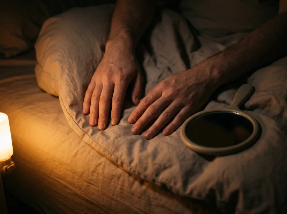 Two hands resting on a folded linen duvet beside a hand mirror lying face down, with a glowing nightlight at the left edge.
