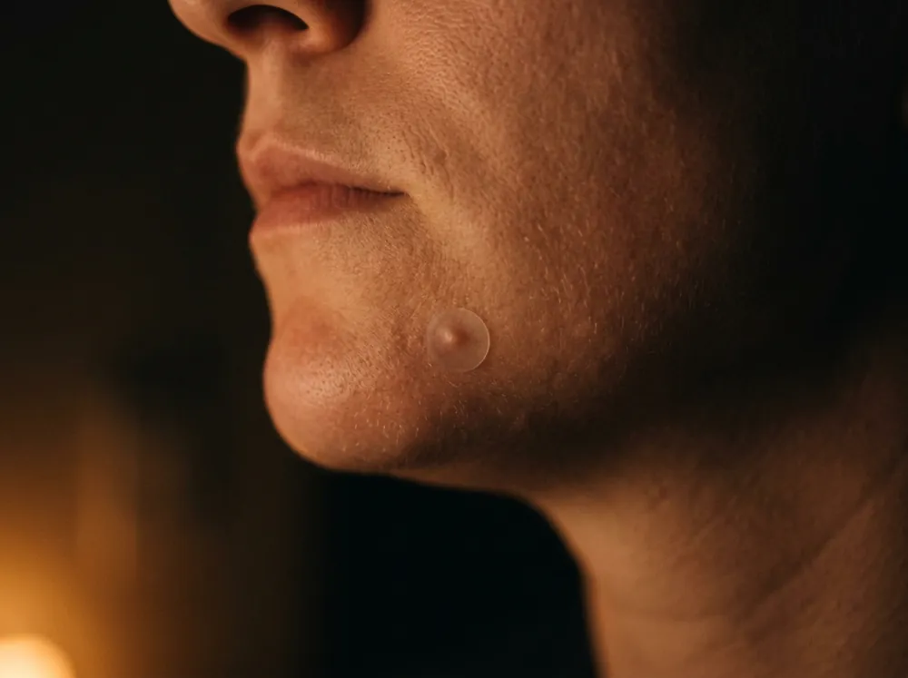 A jaw and chin in close profile with a small round translucent patch over a raised spot on the chin, in dim amber light.