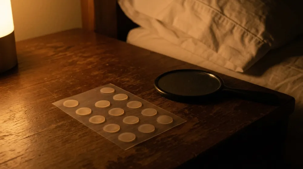 A clear backing sheet carrying a grid of small round translucent patches on a wooden bedside table beside a black hand mirror, with a pillow and a glowing nightlight in a dim amber room.