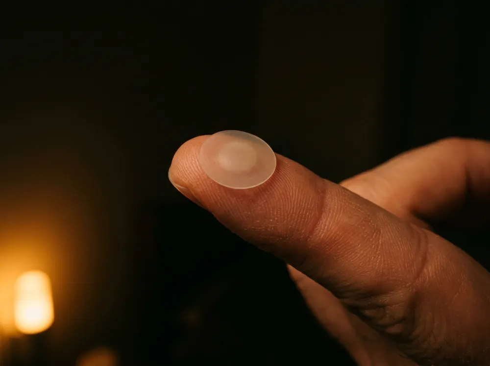 A small round translucent patch stuck on a fingertip, seen against a dark background with a blurred amber light behind.