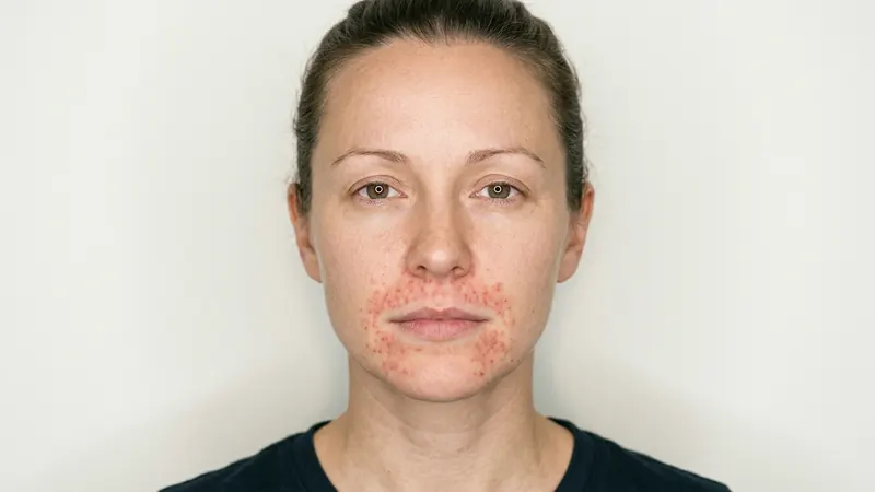 A woman photographed straight on under even frontal light, small red papules clustered around her mouth with a narrow band of clear skin immediately against the lip border.