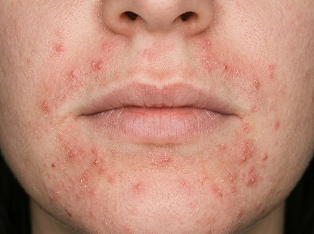 An extremely close view of the skin around a mouth under even frontal light, small red papules in clusters with a narrow strip of unaffected skin running immediately along the lip border.