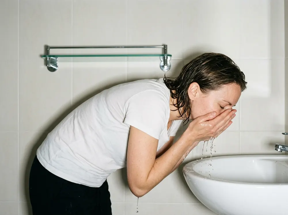 A woman bent over a bathroom basin splashing her face with water alone, the glass shelf on the wall behind her completely empty.