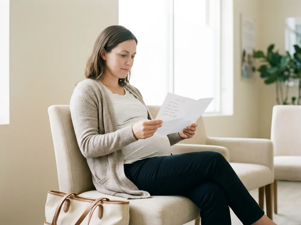 A pregnant woman sitting in a bright waiting area in very soft shadowless daylight, looking at a handwritten list on a folded sheet of paper.
