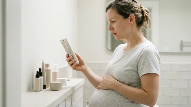 A visibly pregnant woman standing at a bathroom shelf in very bright, soft, shadowless daylight, holding a plain tube turned so she can read the back of it.