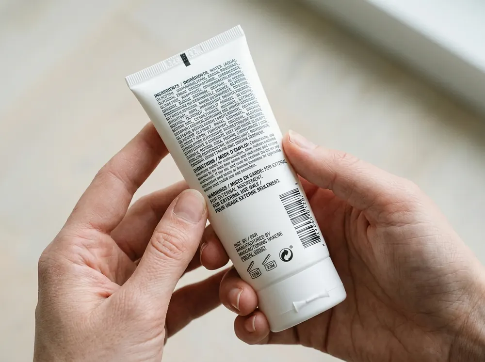 A pair of hands holding a plain unmarked tube turned to its back panel, the small print legible, in very bright soft shadowless daylight.