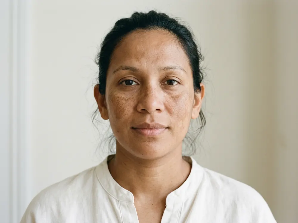 A woman's face in very bright soft shadowless daylight, showing symmetrical blotchy brown patches across both cheekbones and the forehead.