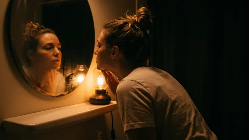 A woman leaning close to a bathroom mirror at night, examining her jaw, lit only by a single warm lamp beside her.