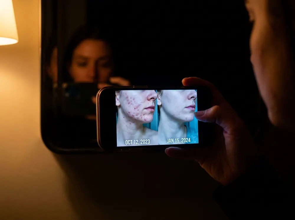 A phone held up under a single warm lamp at night, its screen showing two dated photographs of the same face side by side, the earlier one with noticeably more spots than the later one.