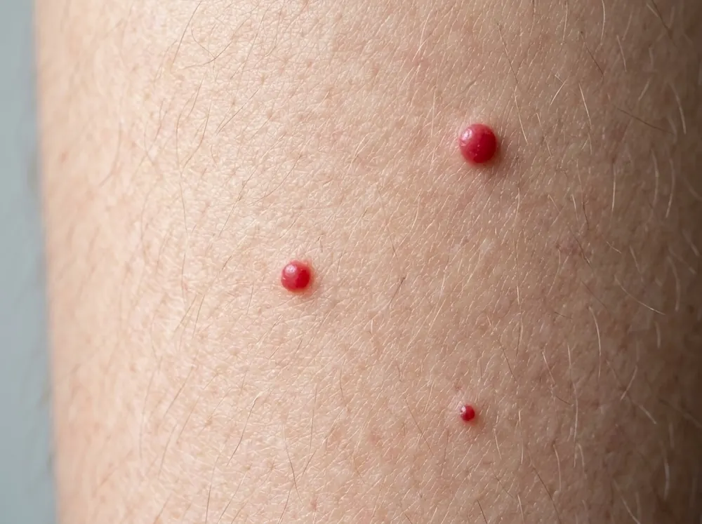 A close view of skin on a lower leg showing three small domed bright red dots of different sizes on otherwise even-toned skin.