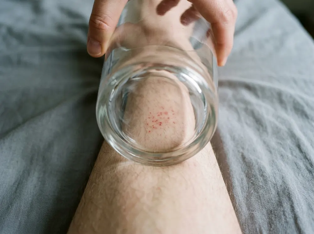 The base of a clear drinking glass pressed firmly down against the skin of a leg, a hand holding it in place, small red spots visible through the glass.