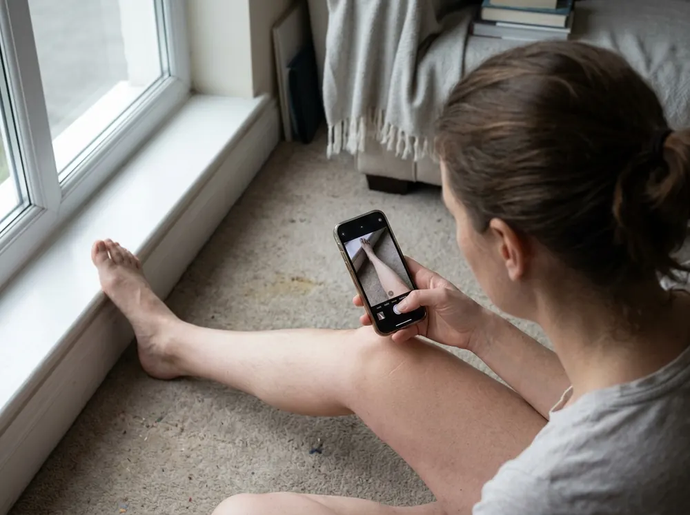 A person sitting on the floor beside a window photographing their own extended lower leg with a phone held in one hand.