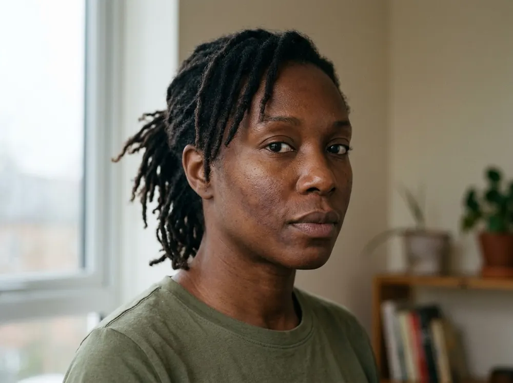 A woman with deep brown skin in soft daylight, with subtle dusky discolouration visible across her cheek and around her mouth.