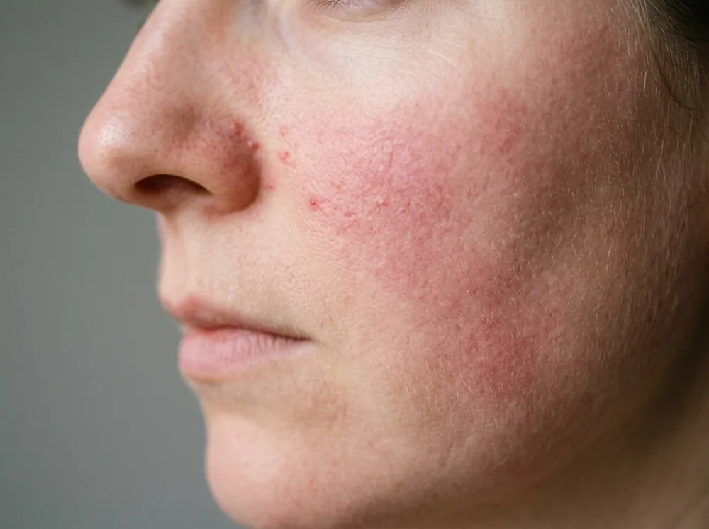 A close side view of a cheek and nose on fair skin with diffuse pink-red redness across the cheek and a few small red bumps beside the nostril, in soft daylight.