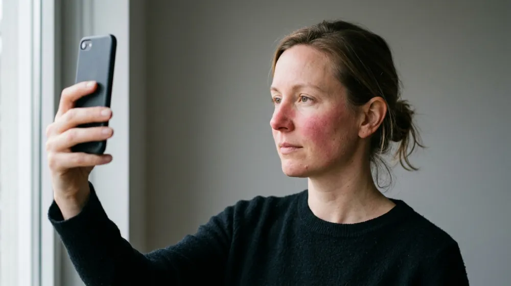 A woman by a window holding up a phone to photograph her own face, her cheeks and nose flushed red, against a plain grey wall in soft daylight.