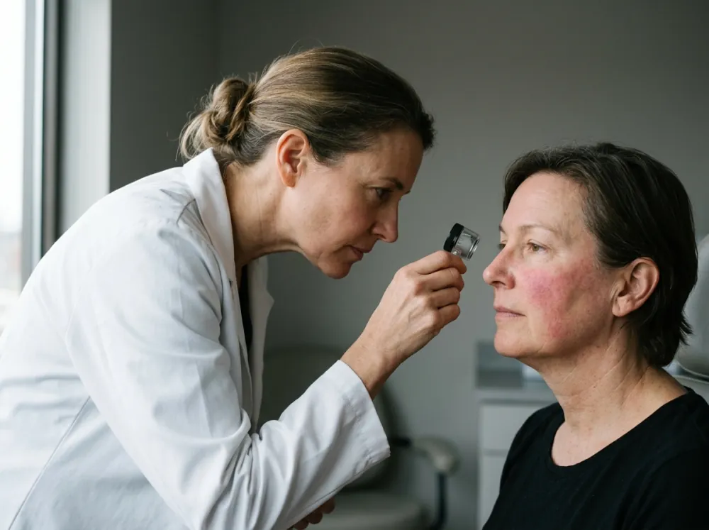 A clinician in a white coat examining a seated patient's flushed cheek with a handheld magnifying loupe, both seen in profile in soft window daylight.