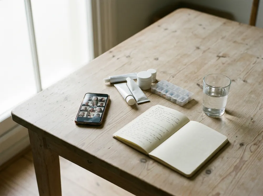 A phone showing a grid of face photographs on a pale wooden table beside unmarked tubes and jars, a weekly pill organiser, an open handwritten notebook and a glass of water, by a window.