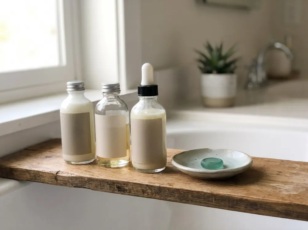 Three minimal skincare bottles lined up on a wooden bath tray, representing a simple three-step skincare routine
