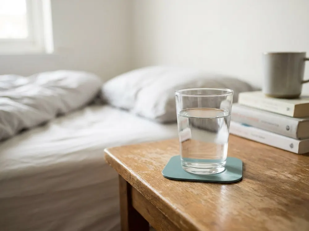A glass of water and books on a bedside table, representing the calm nightly habit that anchors a sticking skincare routine