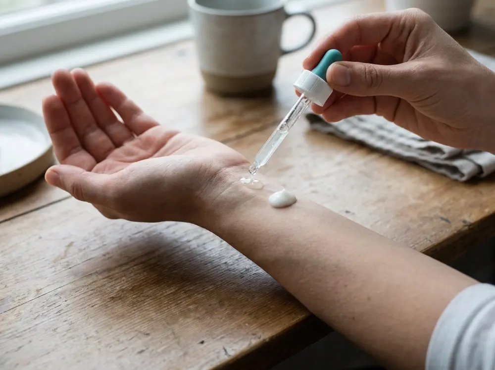 A dropper applying serum to a wrist beside a dollop of cream, comparing two product textures