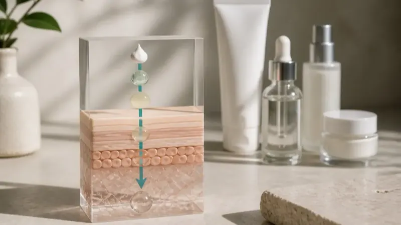 A clear block cut away to show the layers of skin, with a teal arrow carrying drops of product down through them, beside plain skincare bottles.