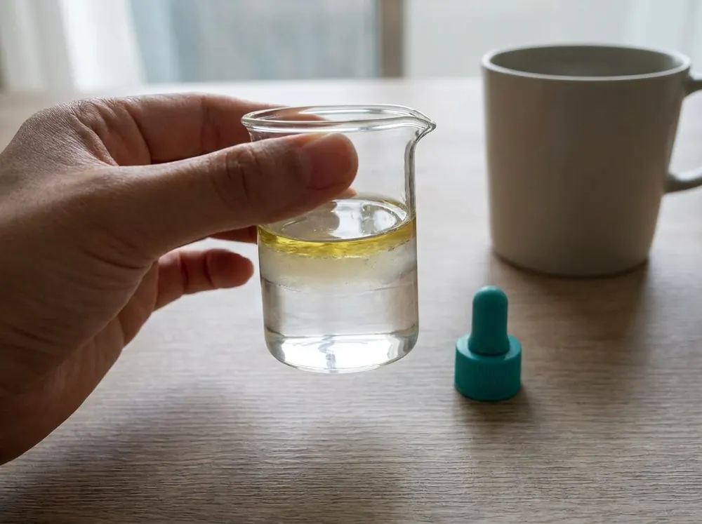 A measuring beaker of separated oil and water held up to the light, illustrating how formulation science governs skincare absorption