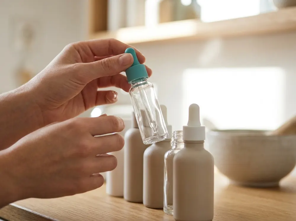 A hand selecting a small dropper bottle among several skincare containers, representing how skin type changes routine sequencing