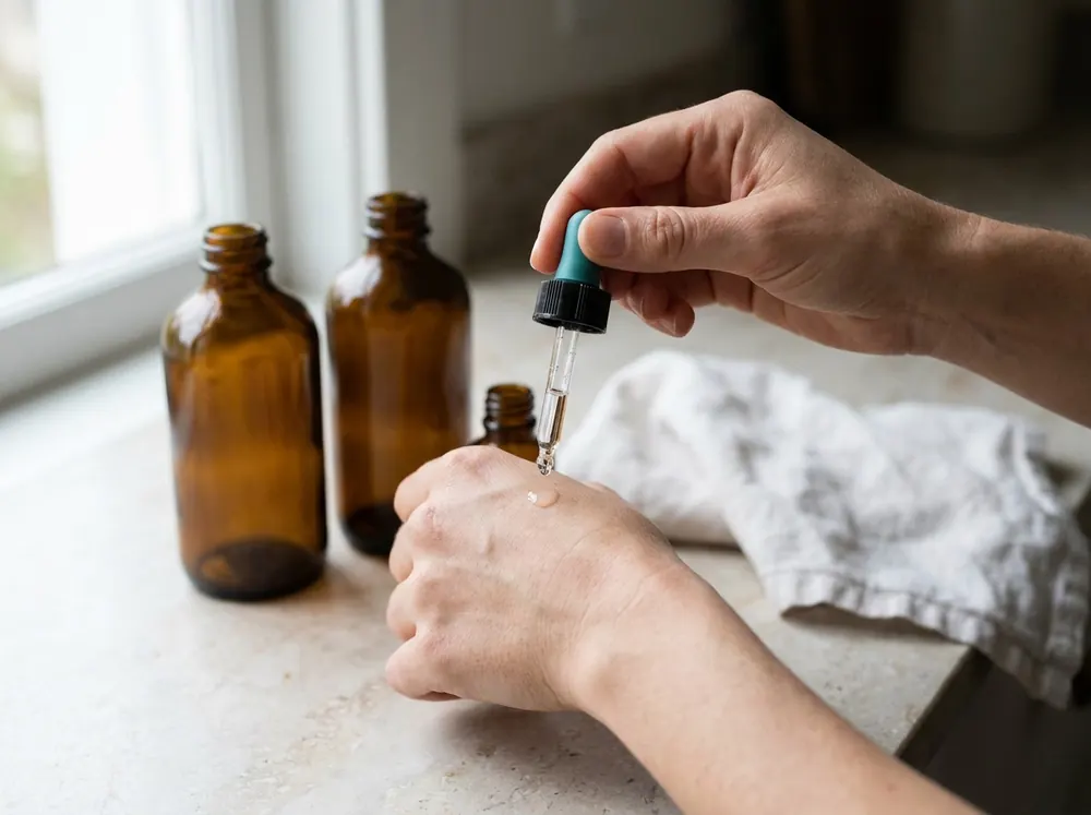 Applying a serum with a dropper next to amber glass bottles, representing how ingredient sequencing determines absorption