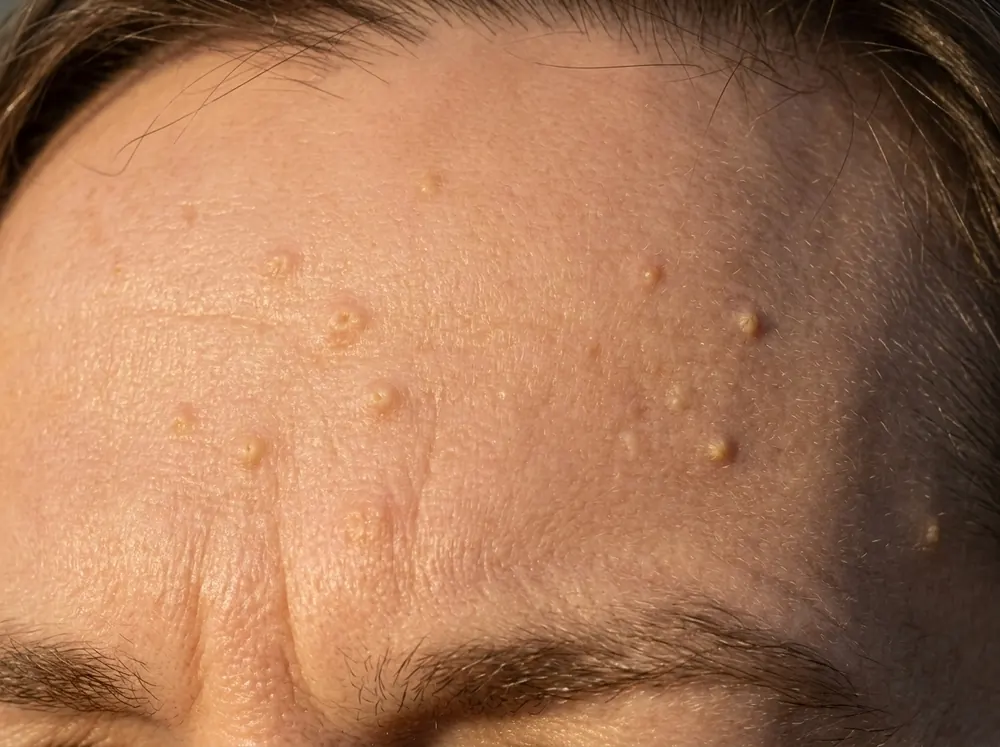 A cluster of several small yellowish bumps across a forehead in very low raking morning sun, each one casting a small shadow with a visible dimple at the centre.