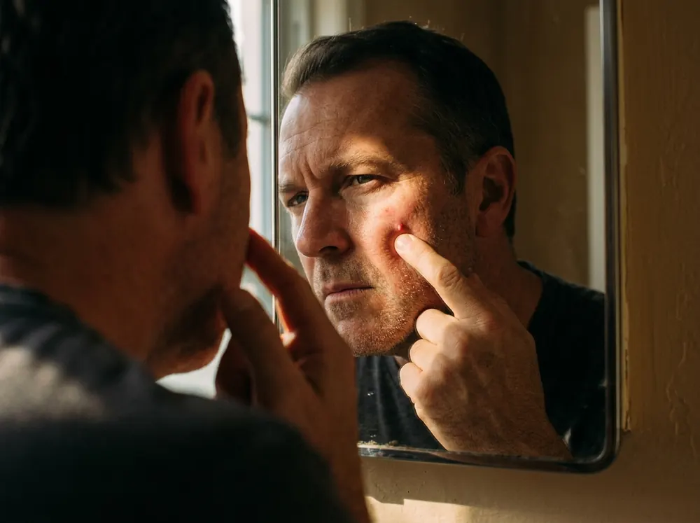 A man in his fifties leaning close to a mirror in very low morning sun, pressing a fingertip against a small reddened bump on his cheek with nothing emerging from it.