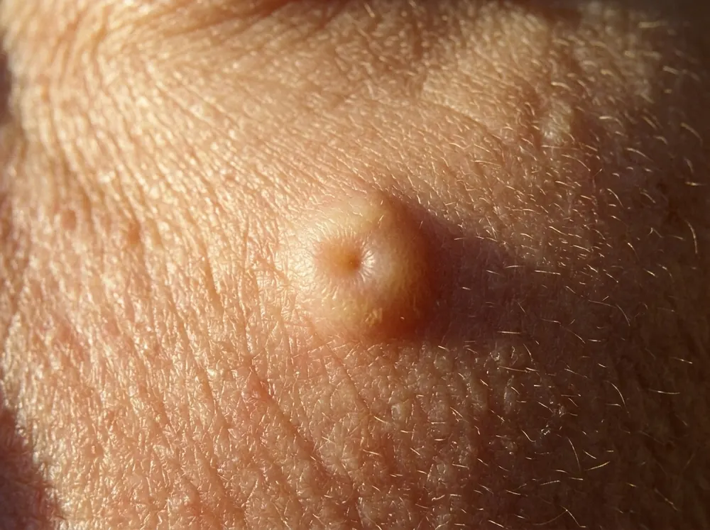 An extreme close view of a single small yellowish bump on a cheek in very low raking morning sun, a shallow dimple clearly visible at its centre.
