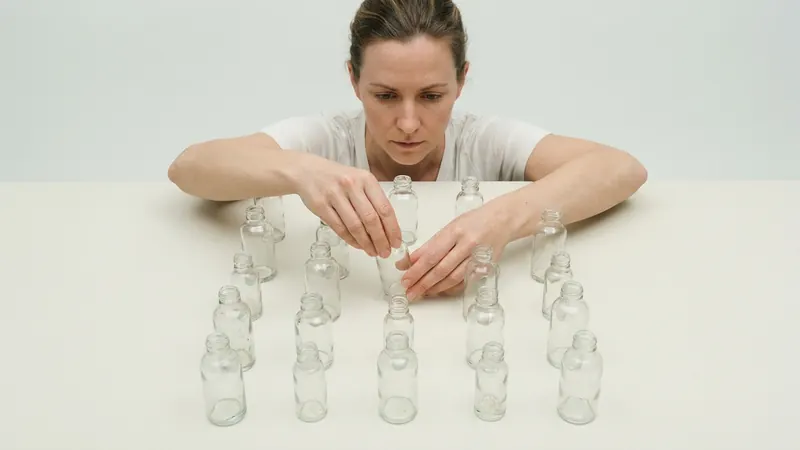 A woman at a pale table moving one of around twenty unmarked glass bottles into position in a grid, in flat shadowless light.