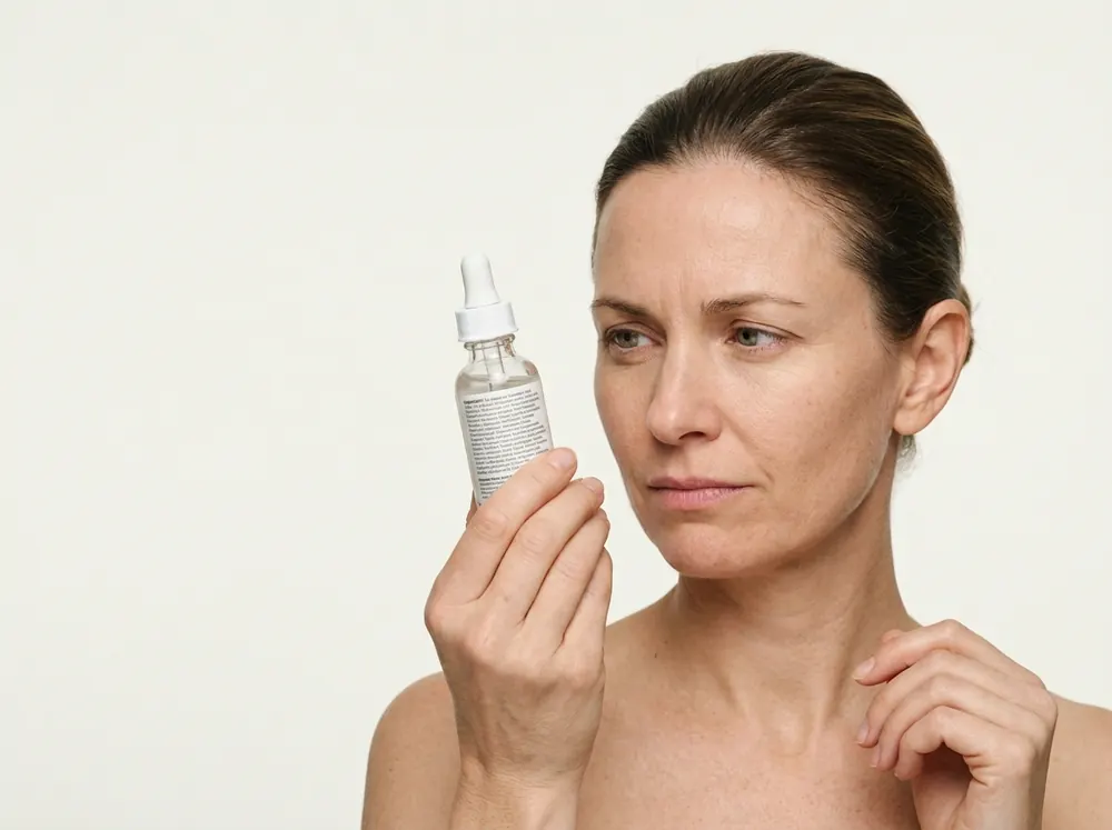A woman holding a small glass dropper bottle up near her face and reading the dense ingredient list on its label, in flat shadowless light against a pale background.