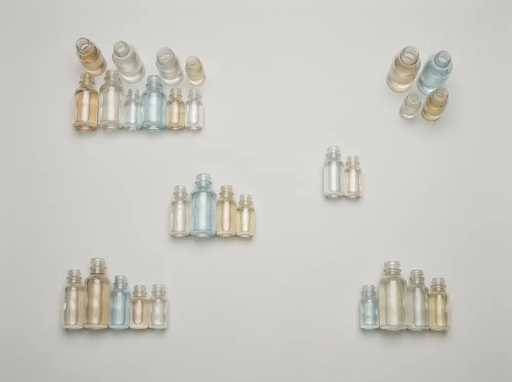 Unmarked glass bottles arranged in separate clusters of unequal size on a pale surface with clear gaps between them, seen from directly above in flat shadowless light.