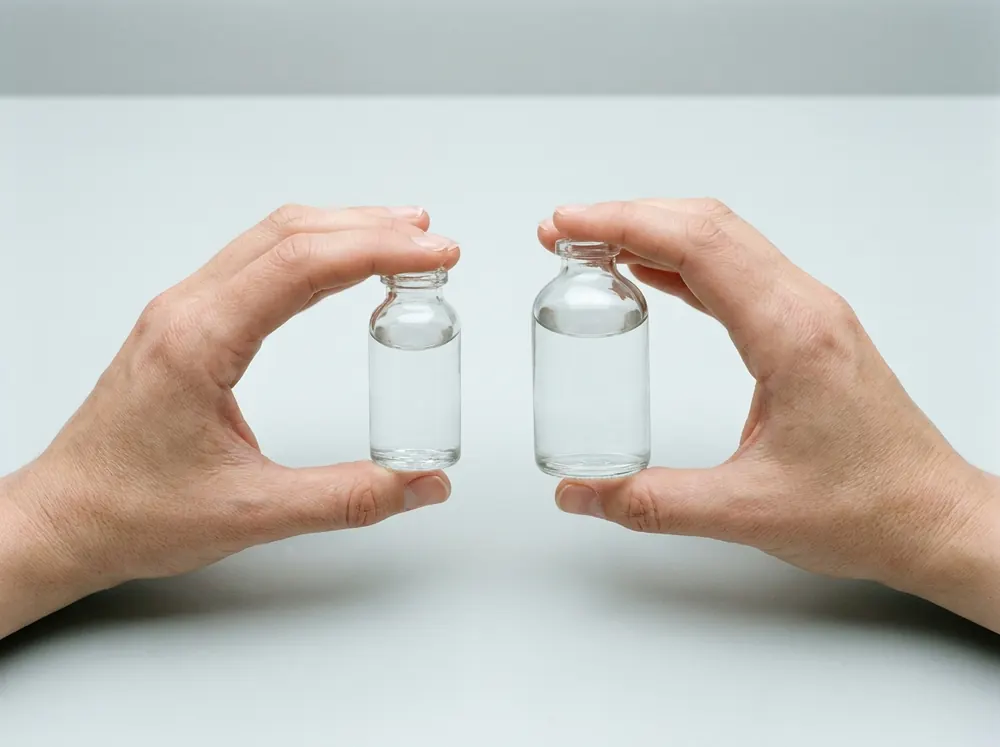 Two hands held up against a pale background, each holding a small unmarked glass bottle of clear liquid, one noticeably smaller than the other, in flat shadowless light.