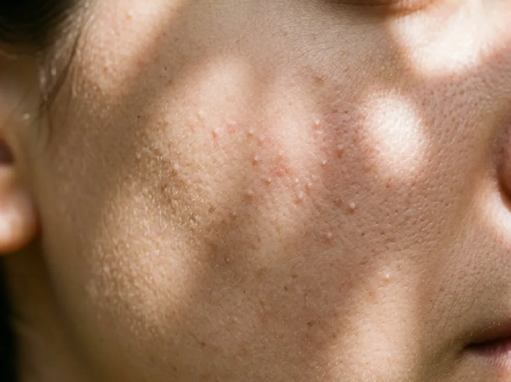 A cheek in dappled sunlight with a scatter of small skin-coloured bumps, a few with faint redness, and visible pores.
