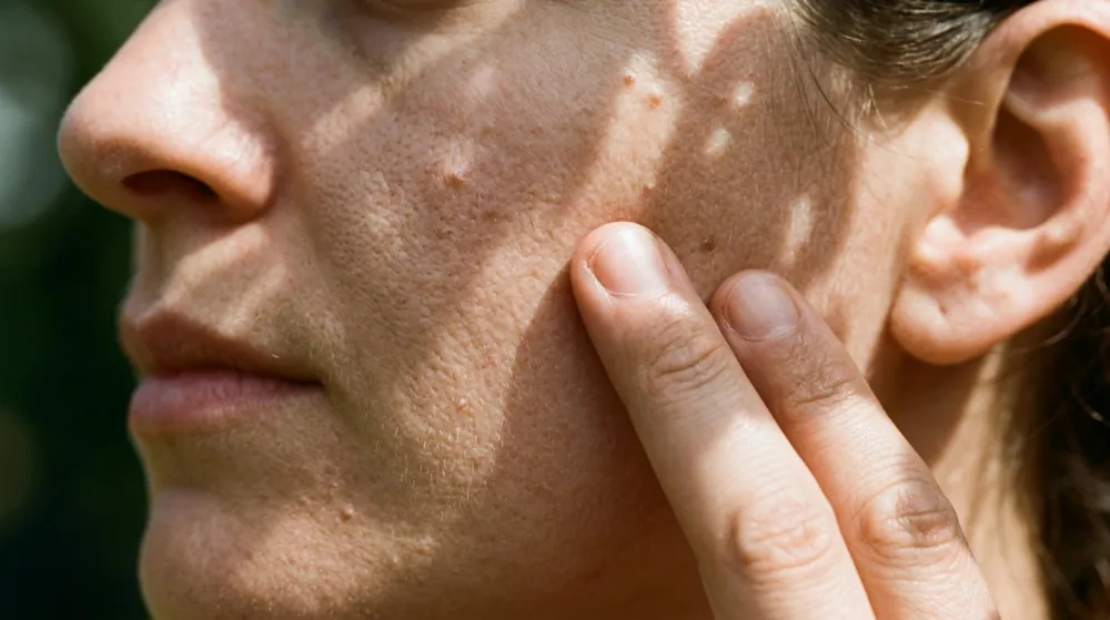 Two fingertips resting on a cheek in dappled sunlight, with pores, fine hairs and a few small bumps visible beside the nose and ear.