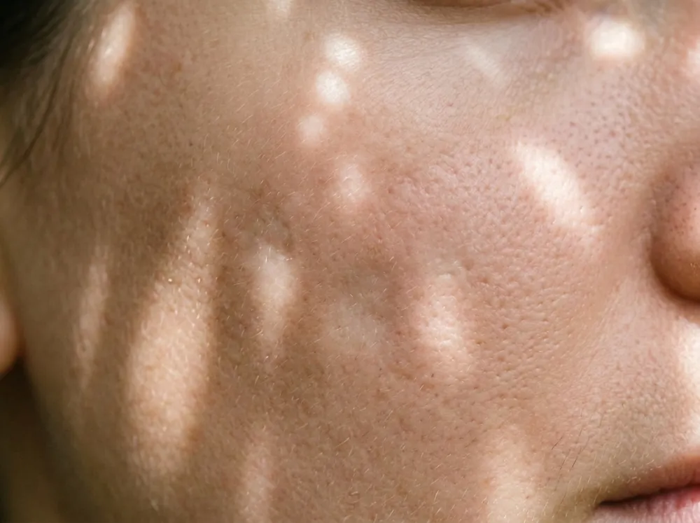 A cheek in dappled sunlight with a few shallow rounded depressions with sloping edges, pores and fine hairs visible, beside the nose.