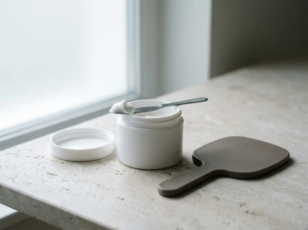 An open white cosmetic jar with a curl of cream on a steel spatula across its rim, beside its lid and a brown handheld mirror lying face down, on pale stone by a frosted window.