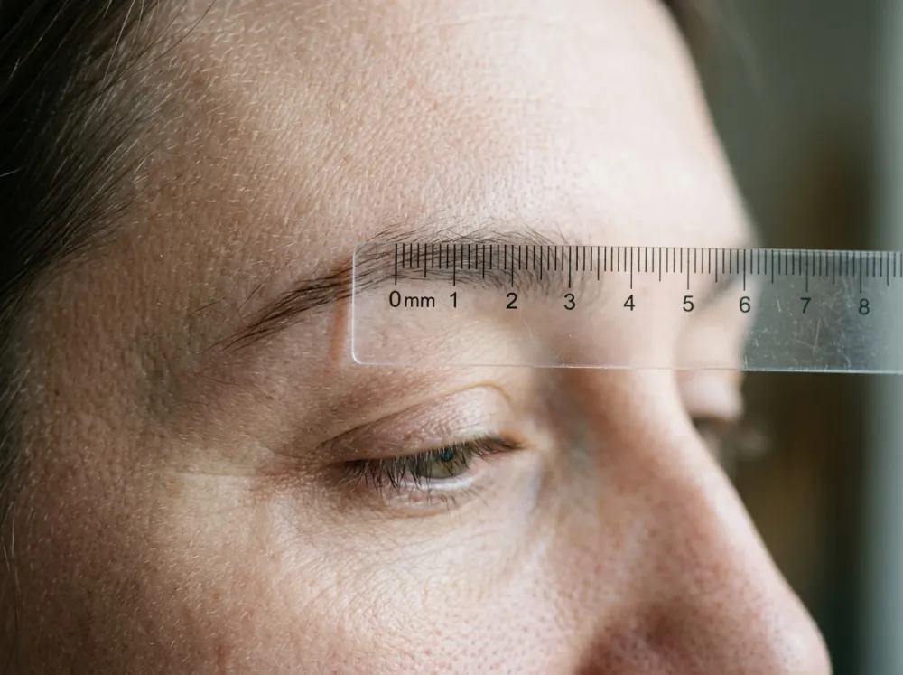 A clear plastic millimetre ruler held against the brow of an adult face in close profile, with the eye half-closed below it, in cool, soft light.