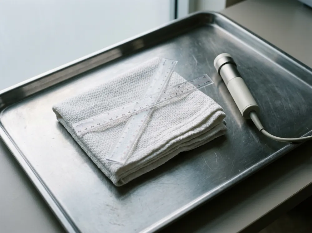 Two clear plastic rulers crossed over a folded white towel on a steel tray, beside a handheld probe with a grey cable, in cool window light.