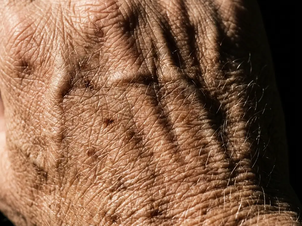 A close view of the back of an older person's hand in hard low sunlight, the fine criss-cross lines of the skin surface raised into relief.