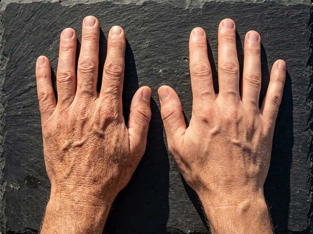 Two hands resting side by side on a dark slate surface in hard low sunlight, the left visibly more weathered than the right.